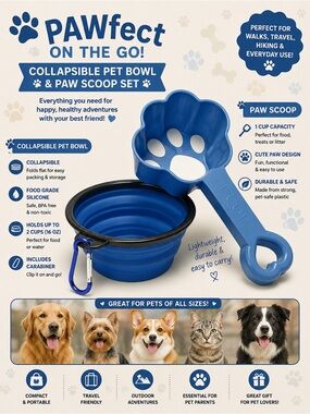 Collapsible Pet Bowl & Paw Scoop Set - Blue